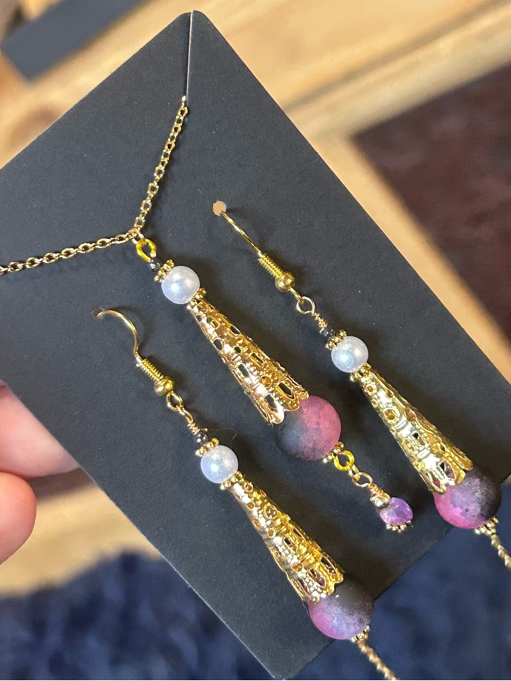 Handcrafted crackle glass amethyst gold filigree coil necklace and earring set